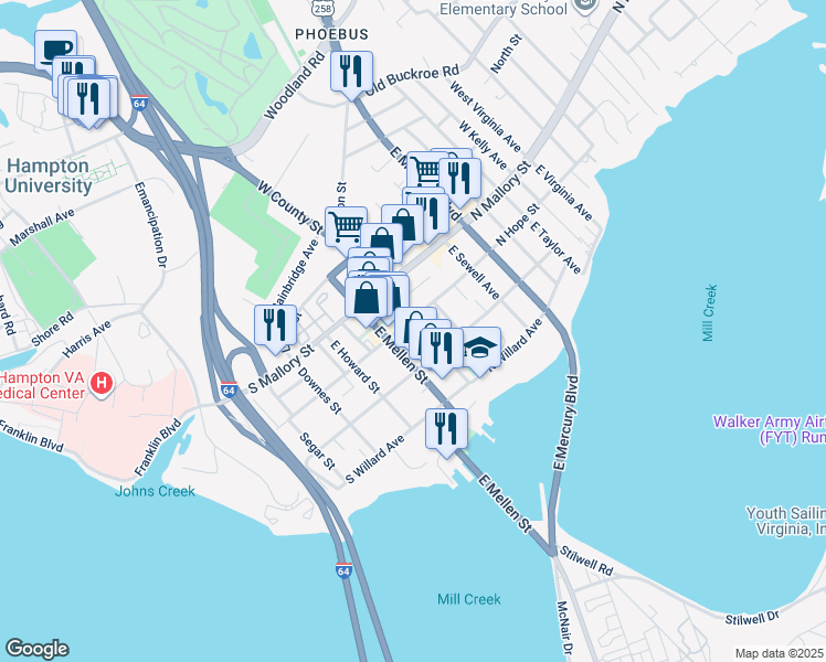 map of restaurants, bars, coffee shops, grocery stores, and more near 104 East County Street in Hampton
