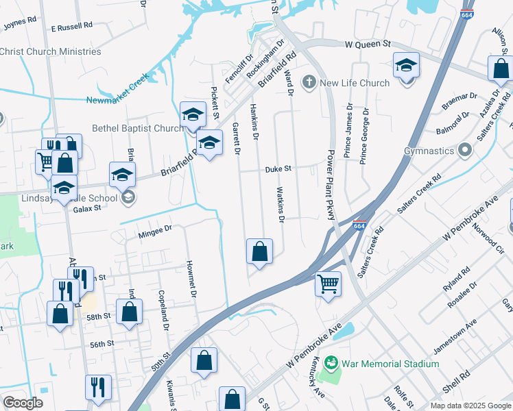 map of restaurants, bars, coffee shops, grocery stores, and more near 214 Hankins Drive in Hampton