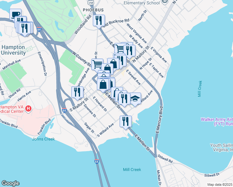 map of restaurants, bars, coffee shops, grocery stores, and more near 104 East County Street in Hampton