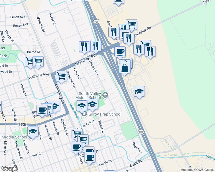 map of restaurants, bars, coffee shops, grocery stores, and more near 8170 Murray Avenue in Gilroy