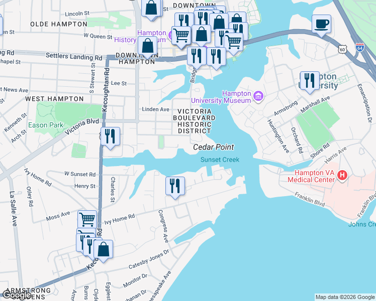 map of restaurants, bars, coffee shops, grocery stores, and more near 2 Cedar Point Drive in Hampton