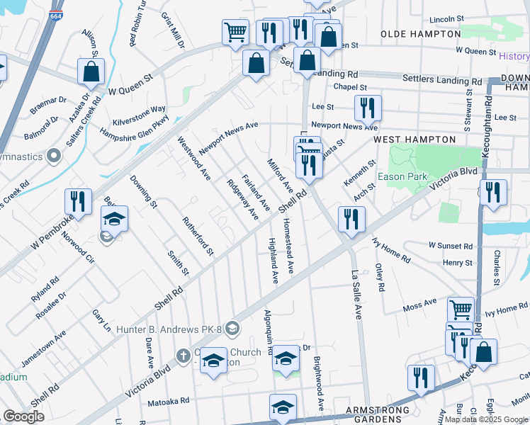 map of restaurants, bars, coffee shops, grocery stores, and more near 611 Fairland Avenue in Hampton