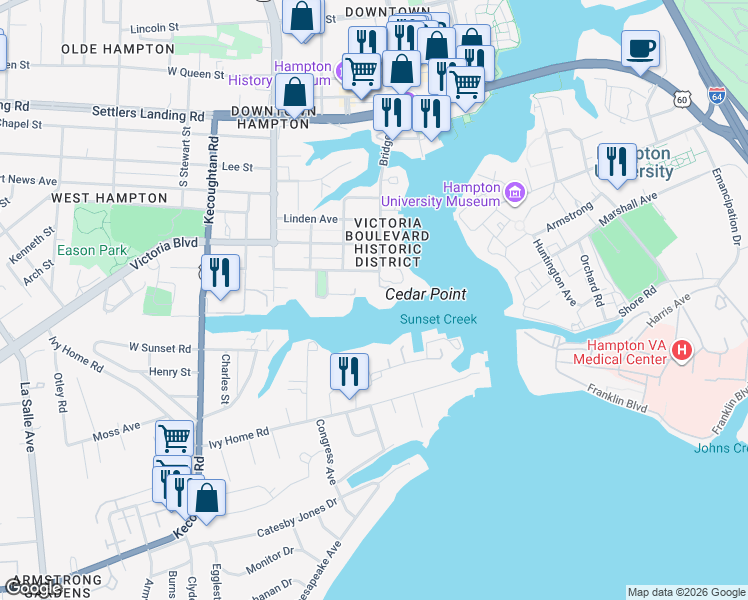 map of restaurants, bars, coffee shops, grocery stores, and more near 2 Cedar Point Drive in Hampton