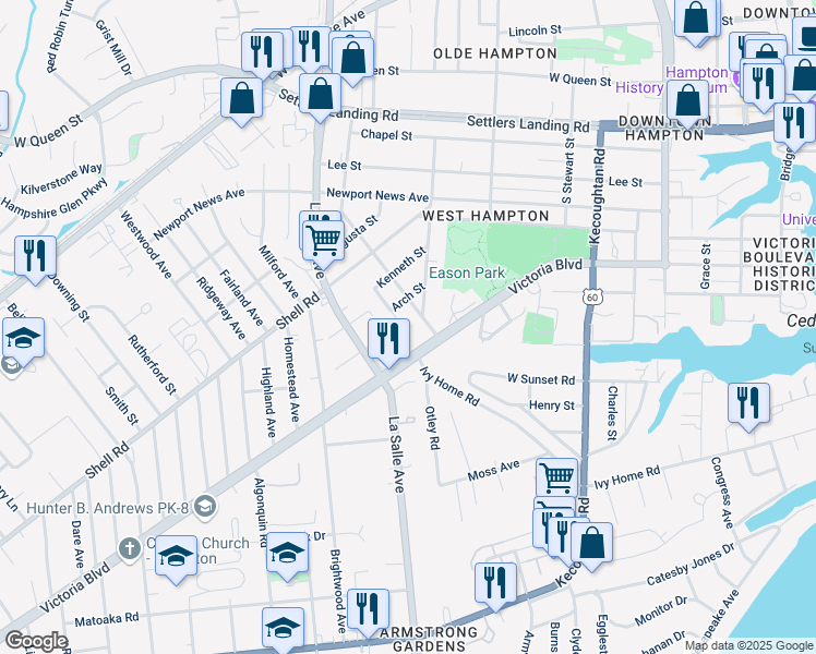 map of restaurants, bars, coffee shops, grocery stores, and more near 420 Clovelly Lane in Hampton