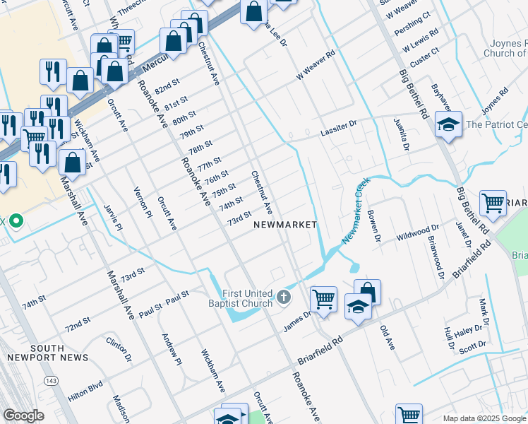 map of restaurants, bars, coffee shops, grocery stores, and more near 1120 74th Street in Newport News