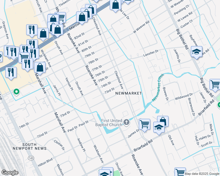 map of restaurants, bars, coffee shops, grocery stores, and more near 1120 74th Street in Newport News