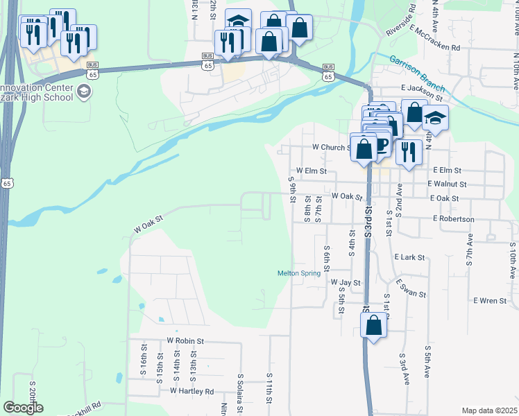 map of restaurants, bars, coffee shops, grocery stores, and more near South 10th Street in Ozark