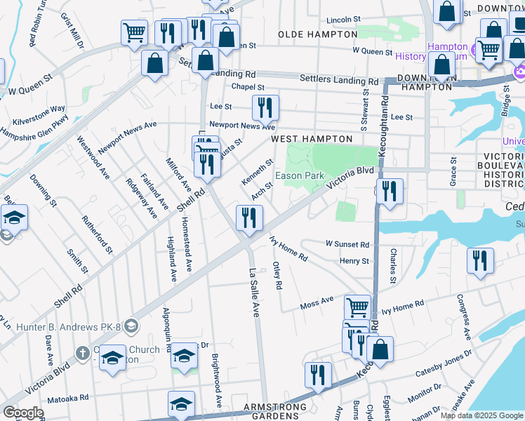 map of restaurants, bars, coffee shops, grocery stores, and more near 420 Clovelly Lane in Hampton