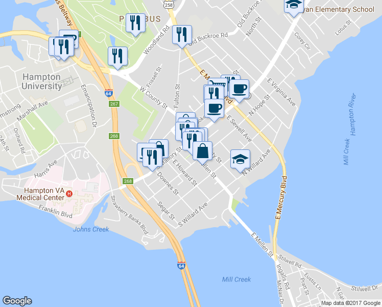 map of restaurants, bars, coffee shops, grocery stores, and more near 31 E Mellen St in Hampton