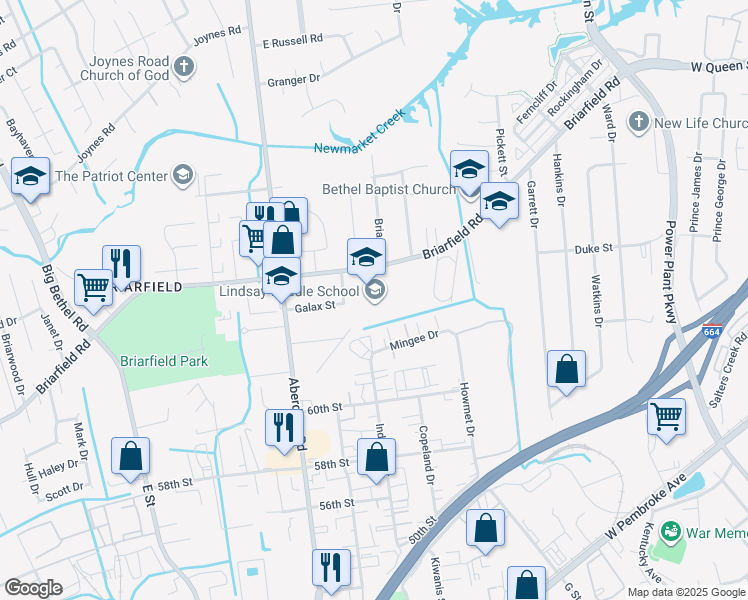 map of restaurants, bars, coffee shops, grocery stores, and more near 1636 Briarfield Road in Hampton