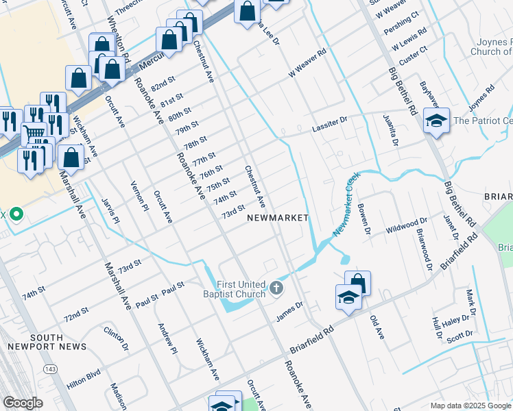 map of restaurants, bars, coffee shops, grocery stores, and more near 1120 74th Street in Newport News