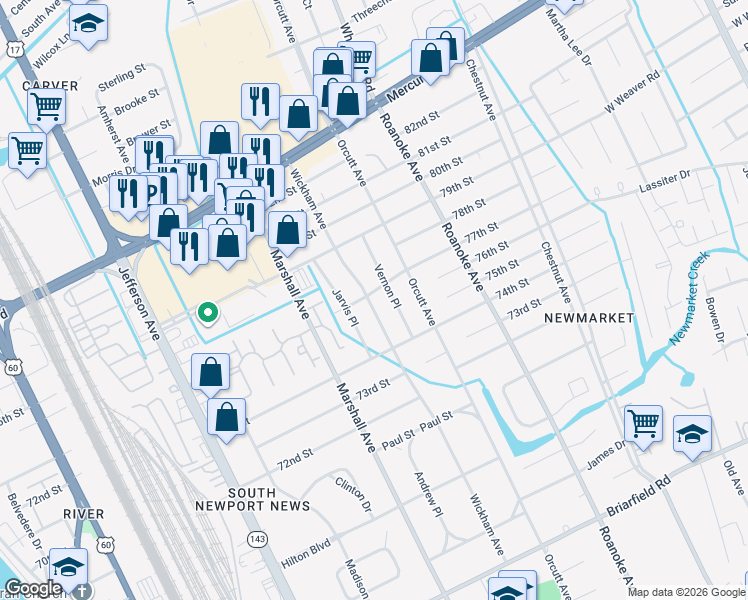 map of restaurants, bars, coffee shops, grocery stores, and more near 901 77th Street in Newport News