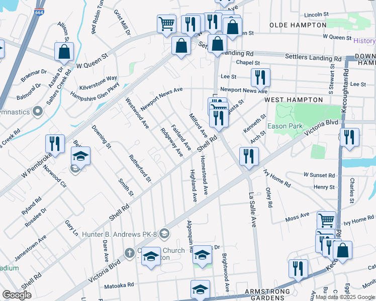 map of restaurants, bars, coffee shops, grocery stores, and more near 611 Fairland Avenue in Hampton