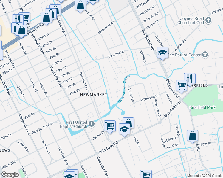 map of restaurants, bars, coffee shops, grocery stores, and more near 7286 Abraham Court in Newport News