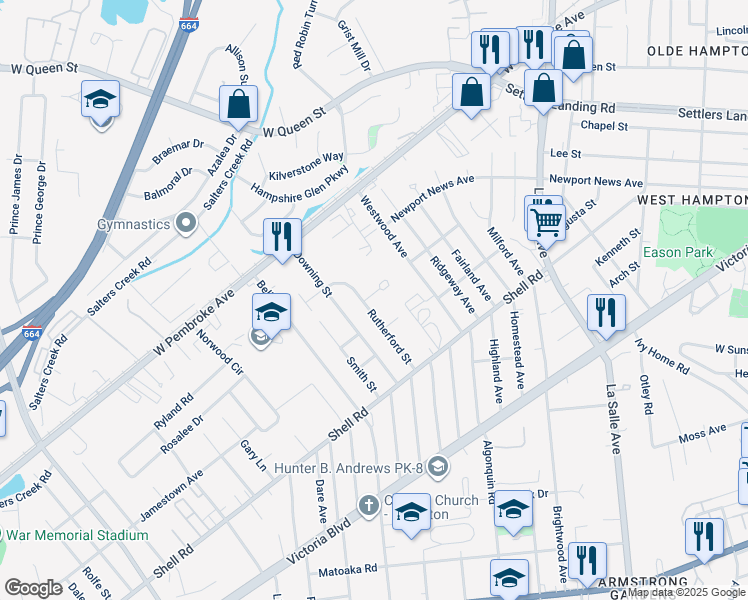 map of restaurants, bars, coffee shops, grocery stores, and more near 4 York Street in Hampton