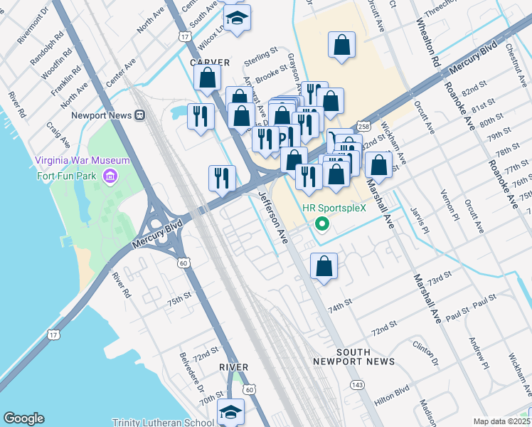 map of restaurants, bars, coffee shops, grocery stores, and more near 6065 Jefferson Ave in Newport News