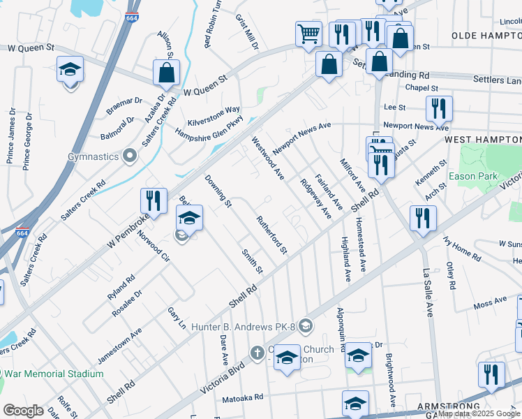 map of restaurants, bars, coffee shops, grocery stores, and more near 4 York Street in Hampton