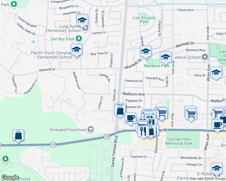 map of restaurants, bars, coffee shops, grocery stores, and more near 8542 Ousley Drive in Gilroy