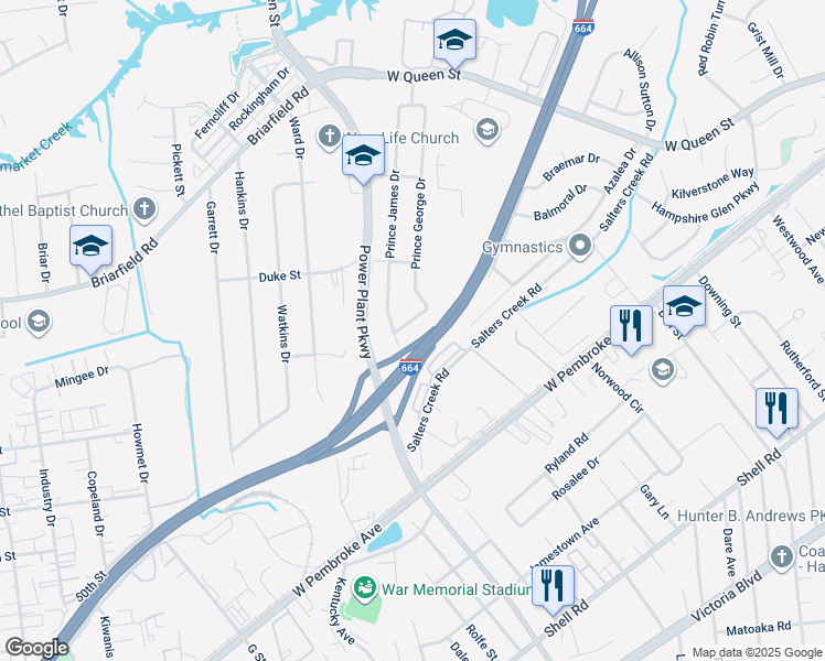 map of restaurants, bars, coffee shops, grocery stores, and more near 225 Prince George Drive in Hampton
