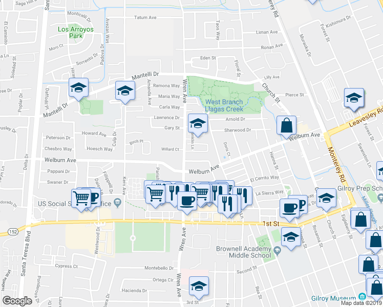 map of restaurants, bars, coffee shops, grocery stores, and more near 8450 Wren Avenue in Gilroy