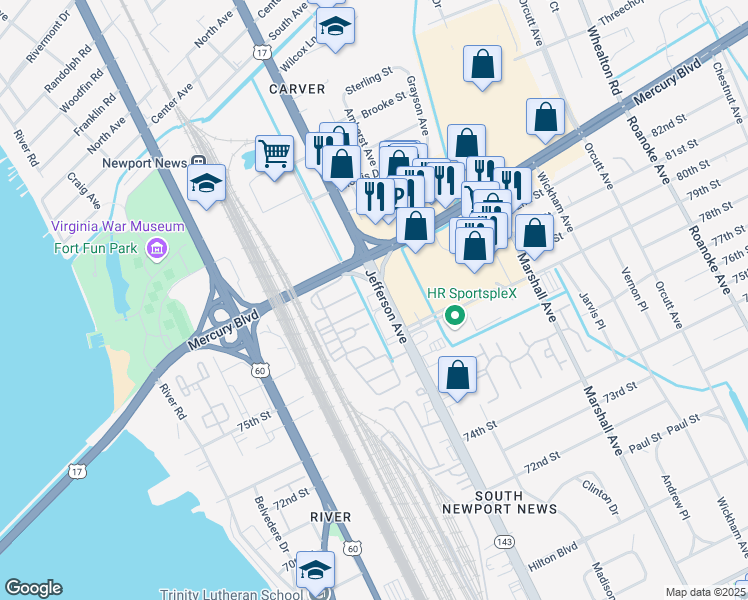 map of restaurants, bars, coffee shops, grocery stores, and more near 6065 Jefferson Ave in Newport News