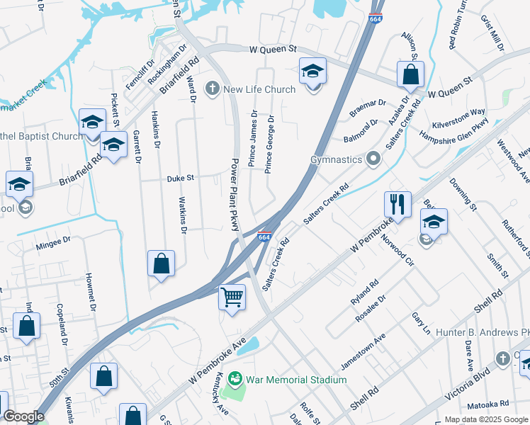 map of restaurants, bars, coffee shops, grocery stores, and more near 225 Prince George Drive in Hampton