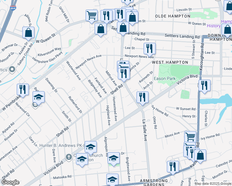 map of restaurants, bars, coffee shops, grocery stores, and more near 603 Homestead Avenue in Hampton