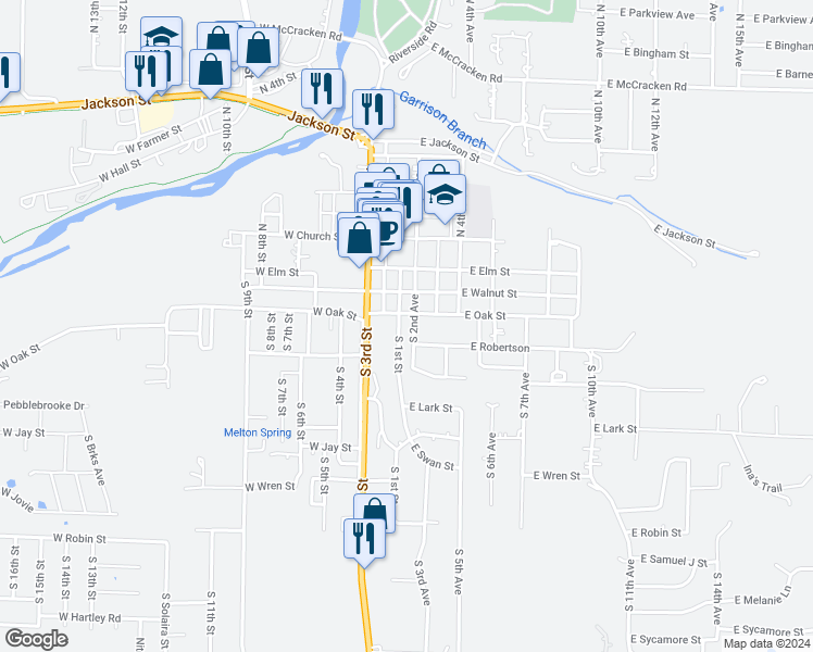 map of restaurants, bars, coffee shops, grocery stores, and more near 305 South 2nd Avenue in Ozark