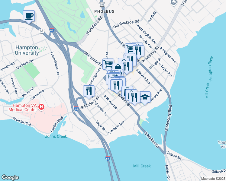 map of restaurants, bars, coffee shops, grocery stores, and more near 14 East County Street in Hampton