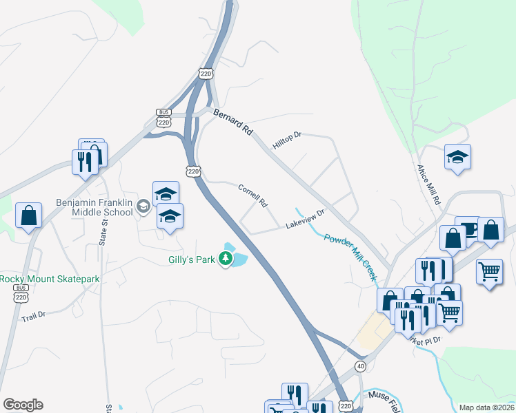 map of restaurants, bars, coffee shops, grocery stores, and more near 36 State Route 1015 in Rocky Mount