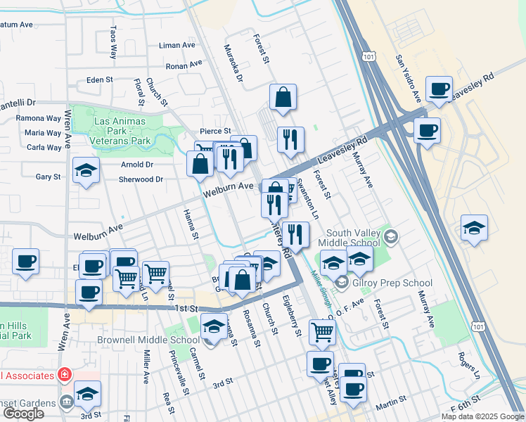 map of restaurants, bars, coffee shops, grocery stores, and more near 8305 Monterey Street in Gilroy