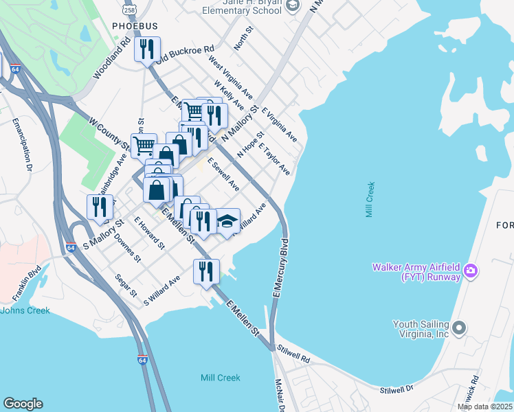 map of restaurants, bars, coffee shops, grocery stores, and more near 51 North Willard Avenue in Hampton