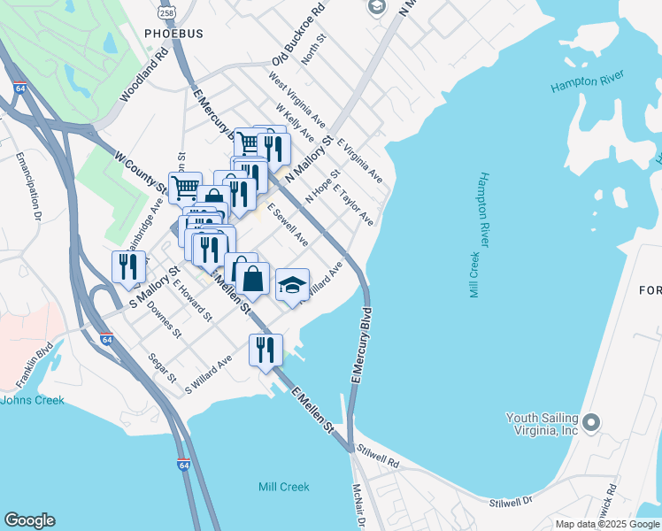 map of restaurants, bars, coffee shops, grocery stores, and more near 51 North Willard Avenue in Hampton