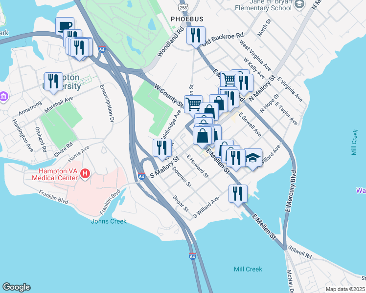 map of restaurants, bars, coffee shops, grocery stores, and more near 200 South Mallory Street in Hampton