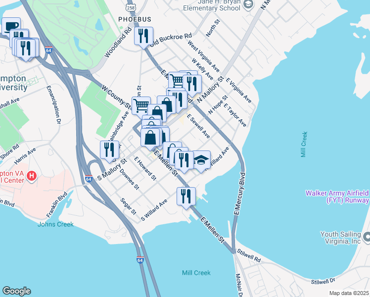map of restaurants, bars, coffee shops, grocery stores, and more near 26 North Hope Street in Hampton