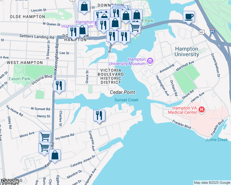 map of restaurants, bars, coffee shops, grocery stores, and more near 10 Cedar Point Drive in Hampton