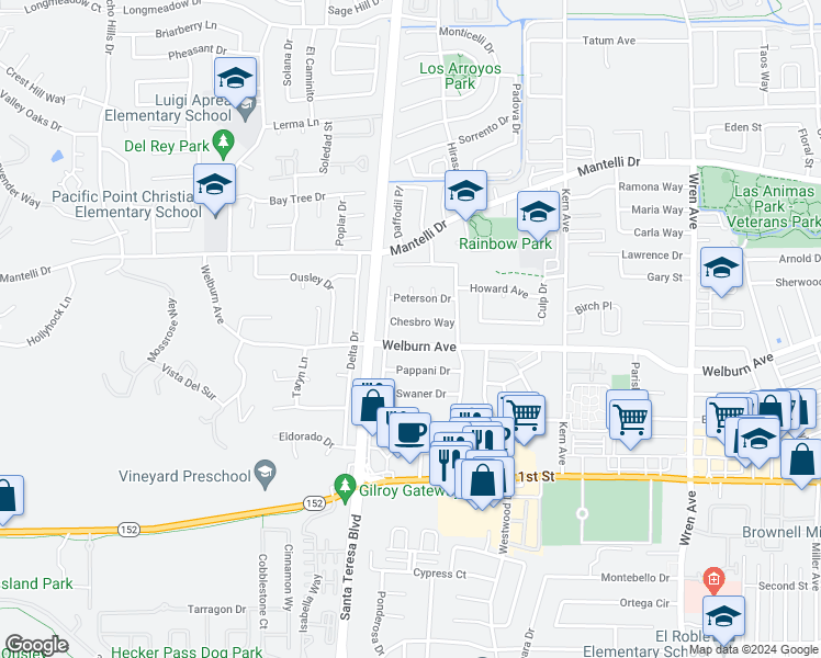 map of restaurants, bars, coffee shops, grocery stores, and more near 1270 Chesbro Way in Gilroy