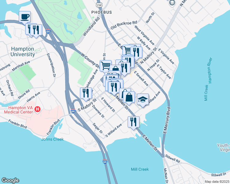map of restaurants, bars, coffee shops, grocery stores, and more near 14 East County Street in Hampton