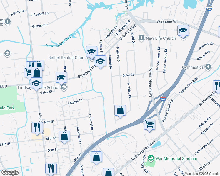 map of restaurants, bars, coffee shops, grocery stores, and more near 108 Garrett Drive in Hampton