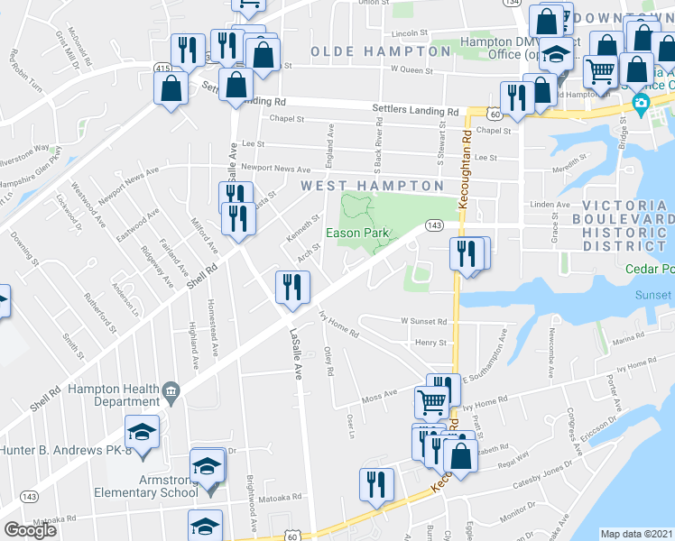 map of restaurants, bars, coffee shops, grocery stores, and more near 5 Melborne Place in Hampton