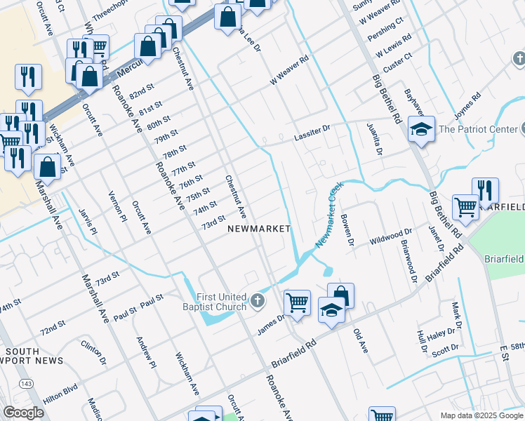 map of restaurants, bars, coffee shops, grocery stores, and more near 1205 72nd Street in Newport News