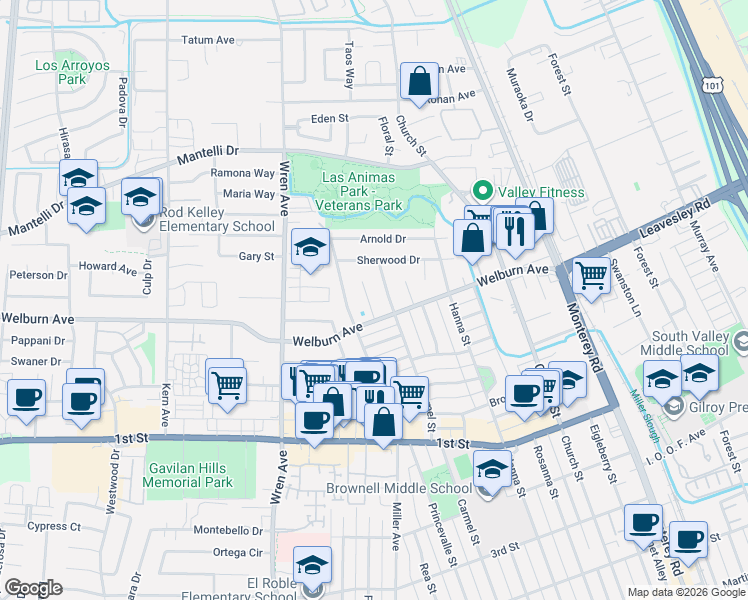 map of restaurants, bars, coffee shops, grocery stores, and more near 8417 Carmel Street in Gilroy