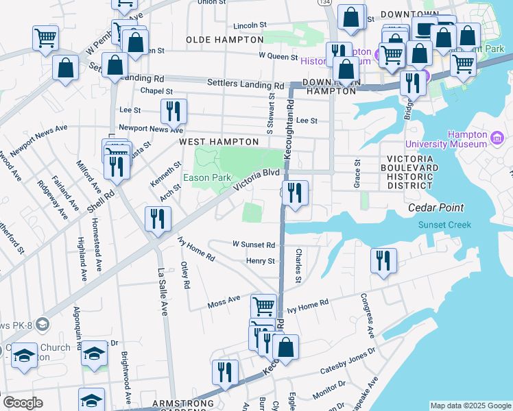 map of restaurants, bars, coffee shops, grocery stores, and more near 323 Columbia Avenue in Hampton