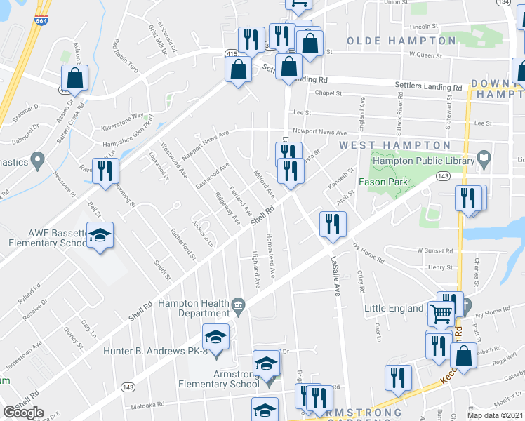 map of restaurants, bars, coffee shops, grocery stores, and more near 603 Homestead Avenue in Hampton