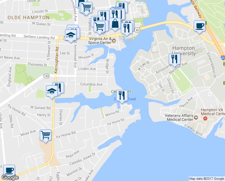 map of restaurants, bars, coffee shops, grocery stores, and more near 10 Cedar Point Drive in Hampton