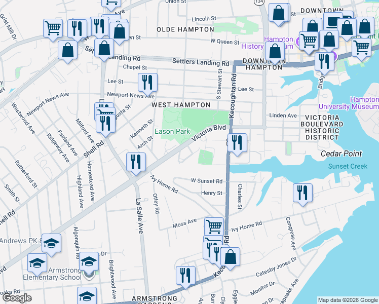 map of restaurants, bars, coffee shops, grocery stores, and more near 4000B Allen Street in Hampton