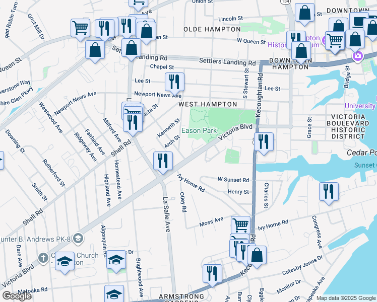 map of restaurants, bars, coffee shops, grocery stores, and more near 7 Melborne Pl in Hampton