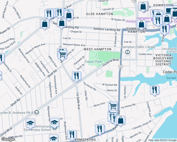 map of restaurants, bars, coffee shops, grocery stores, and more near 7 Melborne Pl in Hampton