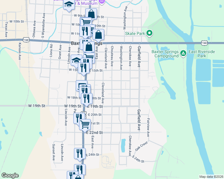 map of restaurants, bars, coffee shops, grocery stores, and more near 1699 Chouteau Avenue in Baxter Springs