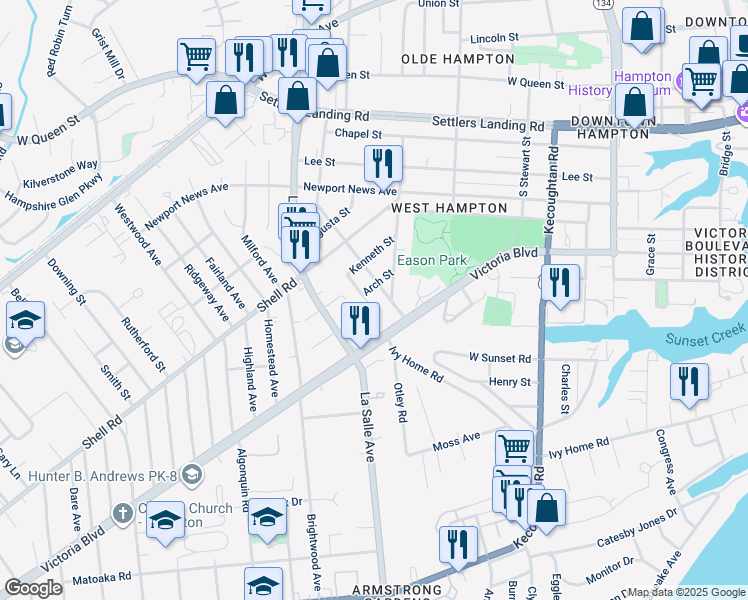 map of restaurants, bars, coffee shops, grocery stores, and more near 416 Clovelly Lane in Hampton